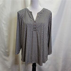 Dana Buchman Tan and Blue Geometric Print Popover Blouse Size XL